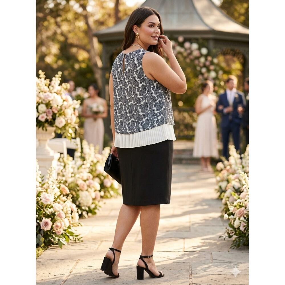 Banana Republic Black White Paisley Blouse XL Pleated Hem Wedding Guest Elegant